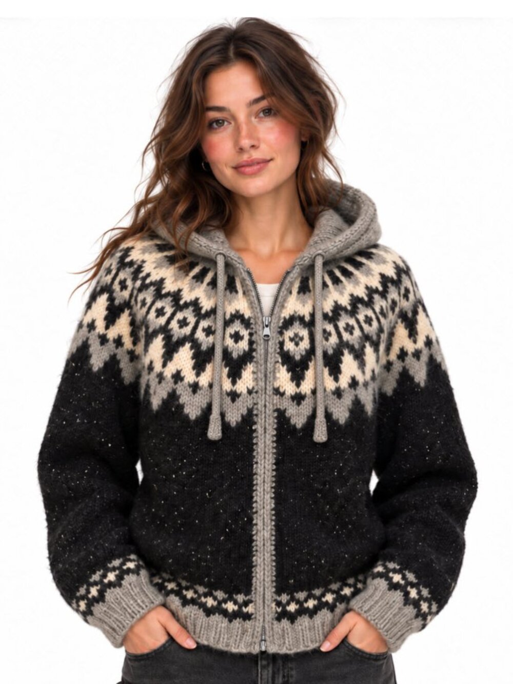 Nordic Icelandic Wool Hooded Zip Cardigan Black Cream Medium